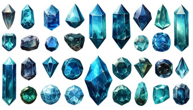  Set of Blue Faceted Crystals in Various Shapes, Transparent PNG - Powered by Adobe