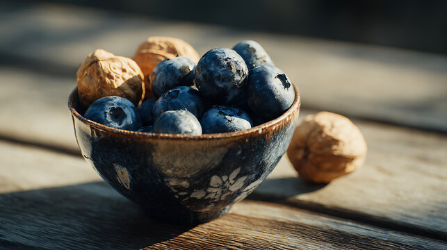 A close up of blueberries and cape gooseberries in a bowl on a wooden table in natural light photo