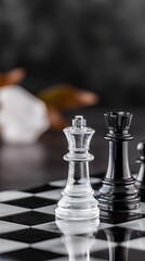Glass and Black Chess Pieces on a Board