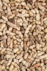 A close-up of healthy organic peanut seeds, showing their detailed macro texture on a brown background