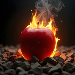 Photo of a vibrant red apple engulfed in flames, creating a mesmerizing spectacle