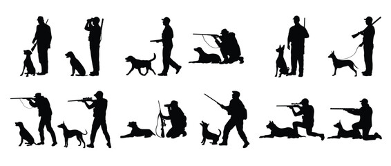 collection of silhouettes of hunters with their dogs