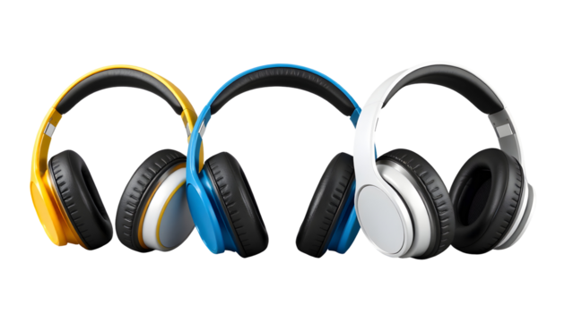 Three Colorful Wireless Headphones Isolated on Transparent Background