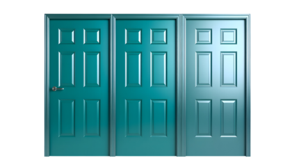 Three teal doors with varying panel arrangements