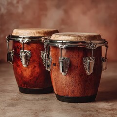 Two conga drums, rich dark brown, sit on a textured gray surface against a mottled reddish brown background. Warm lighting enhances the wood grain.