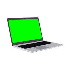 Vector illustration of a laptop with a green screen from the top left side viewpoint in black and white. Ideal for technology, online work, or distance education themes