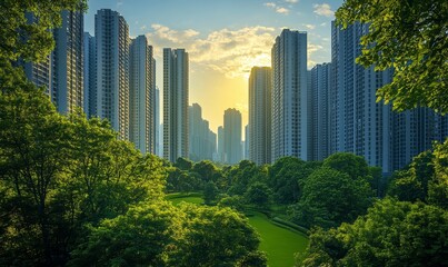Sustainable urban design featuring eco-friendly elements, such as green spaces and renewable energy solutions. The design emphasizes creating environmentally responsible urban, Generative AI