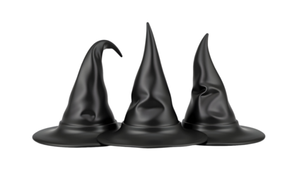 Three Black Witch Hats on Transparent Background for Halloween