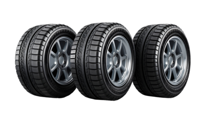 Three Car Tires with Alloy Wheels on a Transparent Background