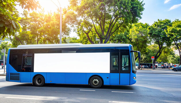 A blue city bus with a blank white billboard on its side, driving on a city street with trees and sunlight