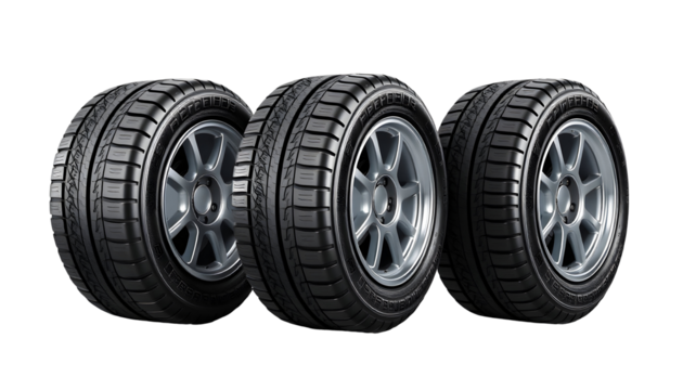 Three Car Tires with Alloy Wheels on a Transparent Background