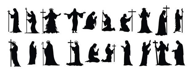 Diverse depictions of Jesus Christ in silhouette vector artwork for Christian themed projects
