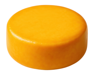 Round wheel of cheddar cheese with a sharp, yellow surface
