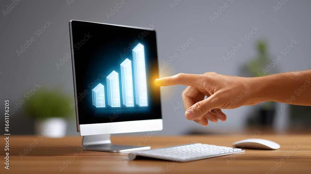 Poster finger touches glowing bar chart on computer screen illustrating upward business growth. modern work