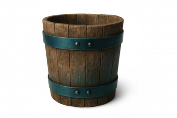 Weathered wooden bucket with metal reinforcing rings, vintage style, standing on transparent surface for seamless graphic design use