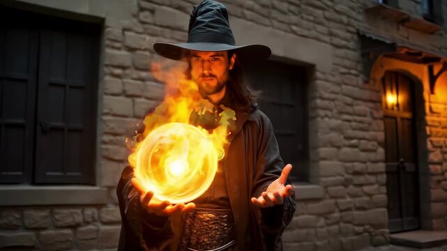 A mysterious black magician performs magic with a fireball on the street of a medieval town