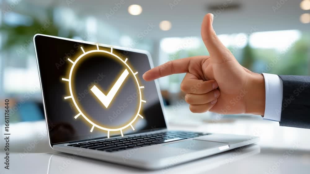 Poster a hand points at glowing check mark on laptop screen displaying digital checklist overlay. modern of