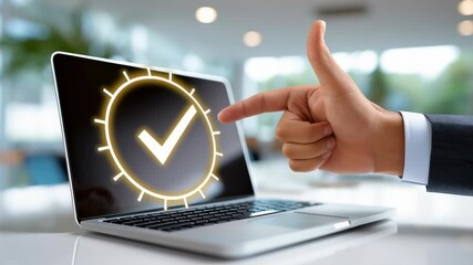 A hand points at glowing check mark on laptop screen displaying digital checklist overlay. Modern office environment with contemporary design elements