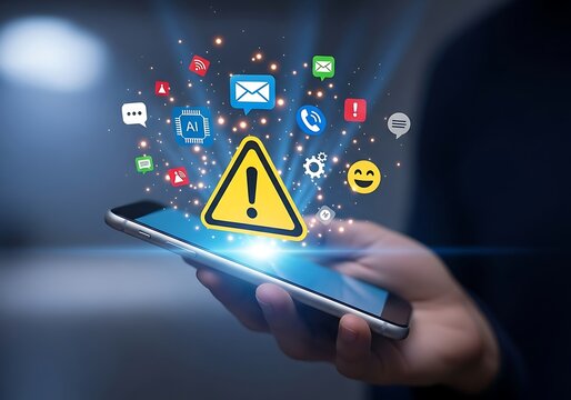 Smartphone displaying a warning sign surrounded by app icons and digital data