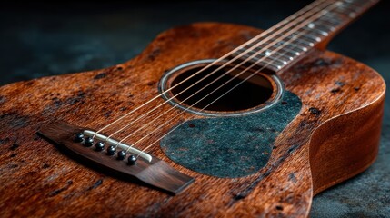 Close up of an acoustic guitar with a weathered, dark brown wooden body. Water droplets are visible on the surface. The guitar's soundhole is round with a dark inlay. The bridge is made of dark wood.