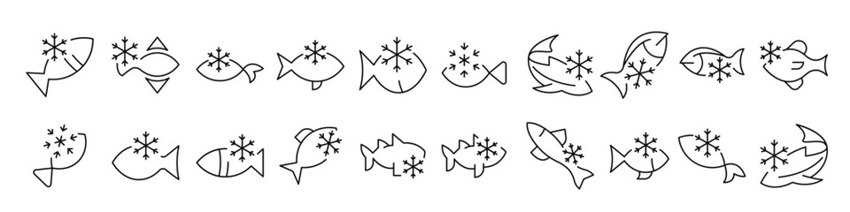 Frozen Fish Line Icon Pack. Outline Signs for Graphic and Web Design, Apps, Adverts, Various Cards
