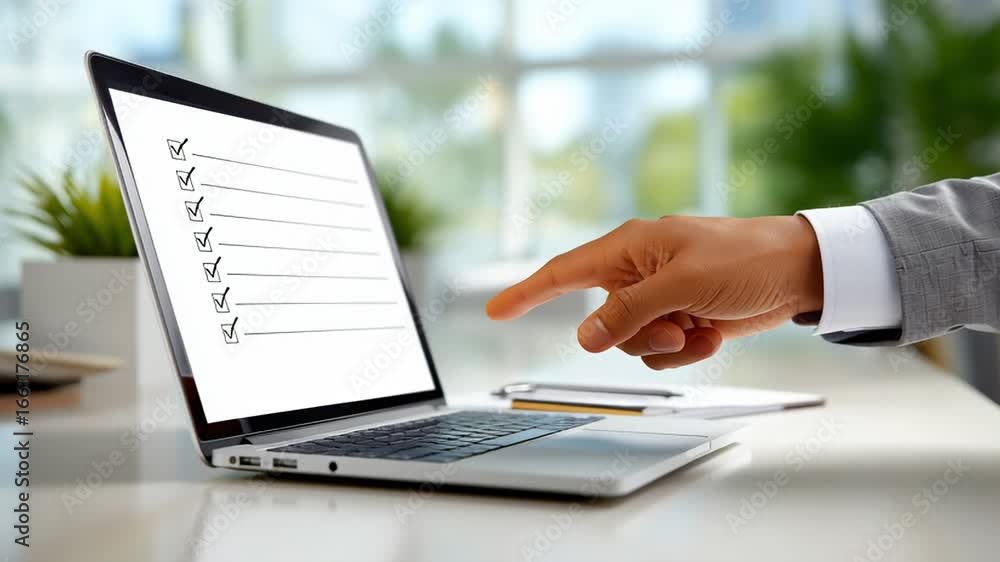 Poster hand points at laptop screen featuring checklist with minimalistic overlay. busy office environment 