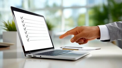 Hand points at laptop screen featuring checklist with minimalistic overlay. Busy office environment with filled notepad and green plants