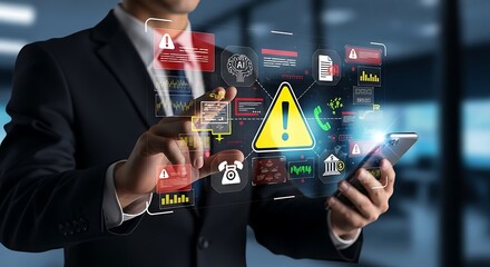 Businessman interacting with digital interface displaying warning and alert icons