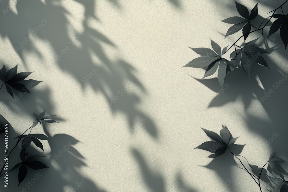 Poster shadows of leaves cast on a light surface creating an artistic pattern in a serene environment