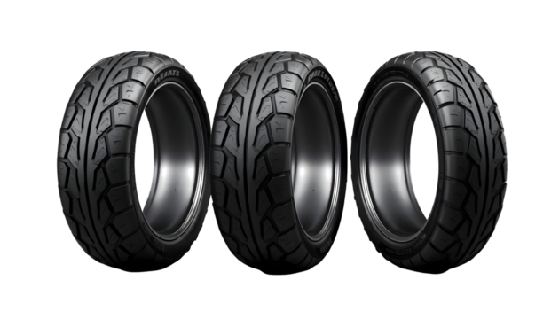Set of three black tires with tread pattern