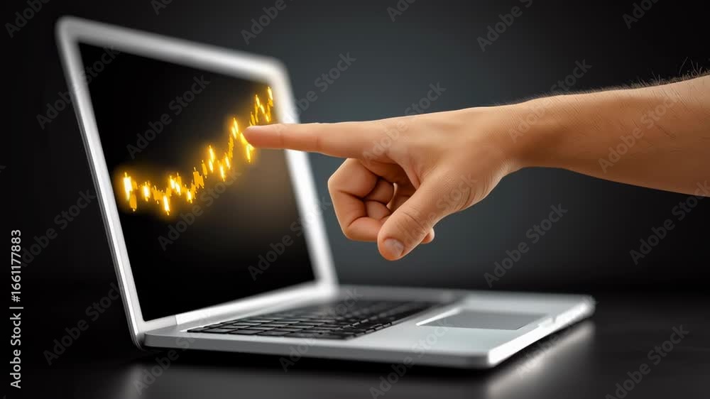 Poster hand pointing at upward trending graph on laptop screen in a dark environment. focused setting highl