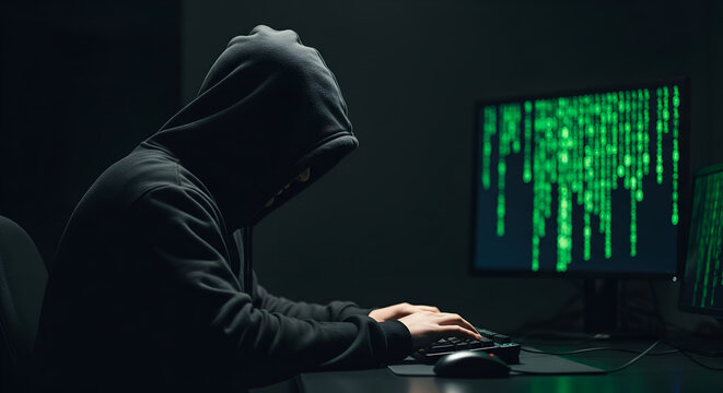 Hooded Hacker in Dark Room with Green Code