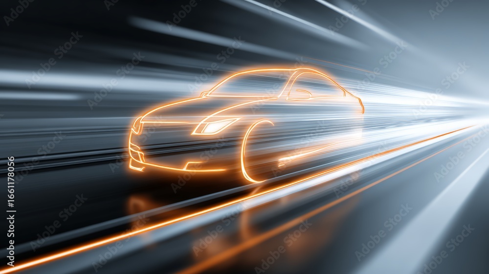Poster a dynamic representation of a car in motion with futuristic light trails.