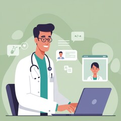 Doctor using laptop for telemedicine consultation with patients, providing virtual healthcare.