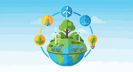 Naklejka premium Illustration of renewable energy sources on a globe, representing environmental sustainability.
