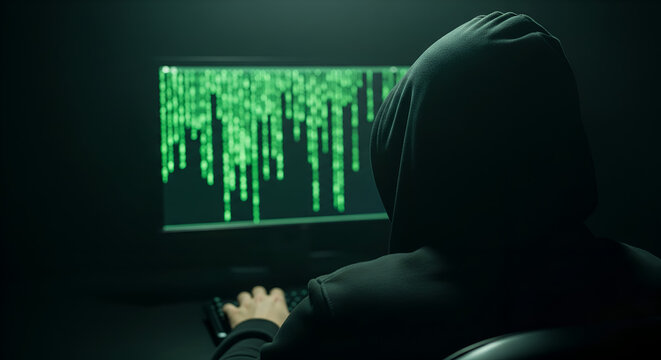 Hooded Hacker in Dark Room with Matrix Code