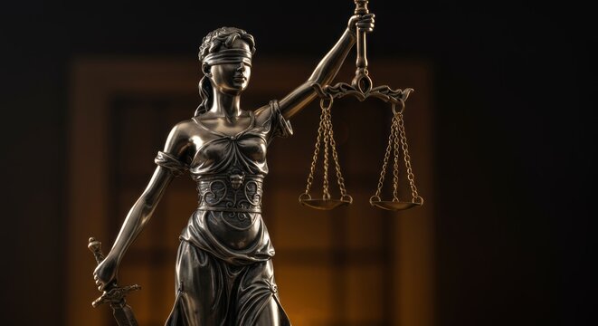 Bronze justice statue with scales and sword symbolizes legal equilibrium fairness and freedom