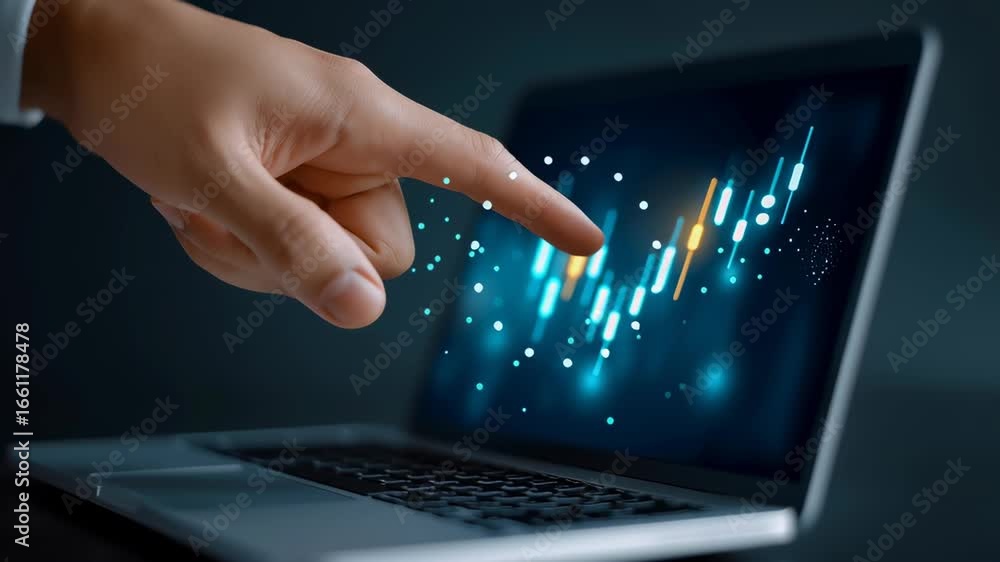 Poster finger points at laptop screen showcasing digital analytics with vibrant data visualization. dark ba