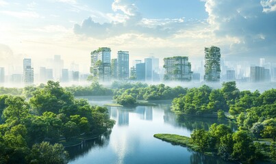 Fototapeta premium Sustainable city concept, dedicated to engineering and environmental responsibility. The image captures a harmonious blend of urban living, green energy solutions, and sustainable, Generative AI