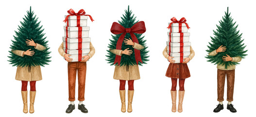 Freehand festive watercolor set with people carrying Christmas trees and gifts. Watercolour clipart for cards, posters, invitations, stickers, holiday decor, New Year design projects. Hand drawn