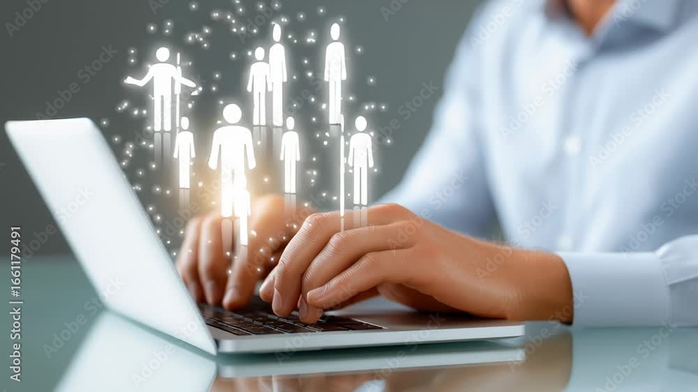 Aufkleber closeup of hands actively typing on laptop with glowing figures above, representing digital networki