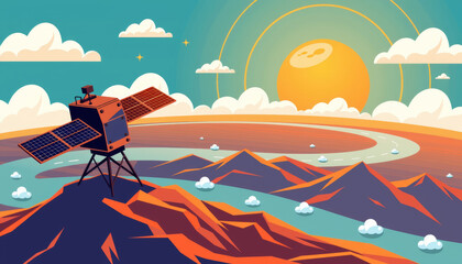 Satellite monitoring climate change data mountain range landscape digital artwork vibrant environment aerial viewpoint