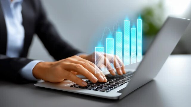 Hands typing on laptop displaying digital growth chart in contemporary workspace. Clean desk setting with greenery in background. Concept technology, finance, business consulting
