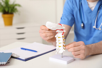 Male doctor with spine model in clinic, closeup