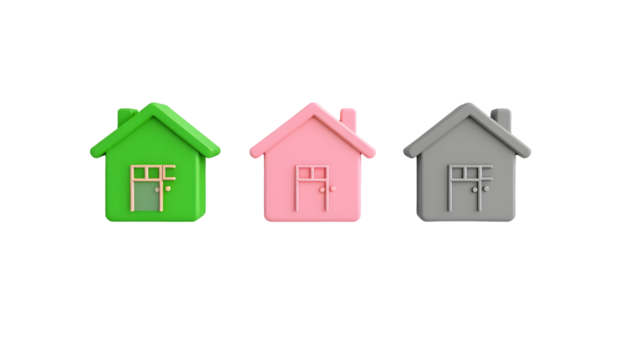 3D Cartoon Houses Green Pink and Grey on Transparent Background