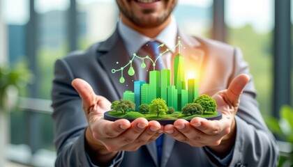 Augmented reality investor presenting hologram of sustainable city modern office digital innovation indoor forward perspective