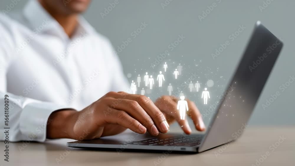 Poster hands typing on laptop in modern workspace with grey background. focus on technology and digital int