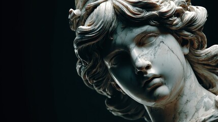 Close up of a weathered marble statue of a woman, dramatically lit against a dark background. The statue shows intricate details and a melancholic expression.