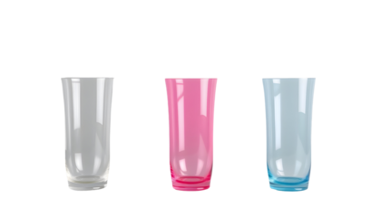 Three Colorful Empty Drinking Glasses on Transparent Background