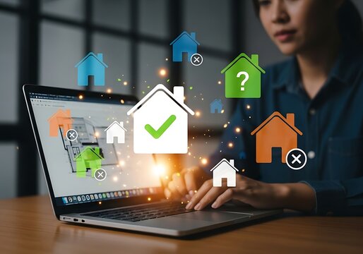 Woman using laptop with augmented reality real estate icons floating above screen